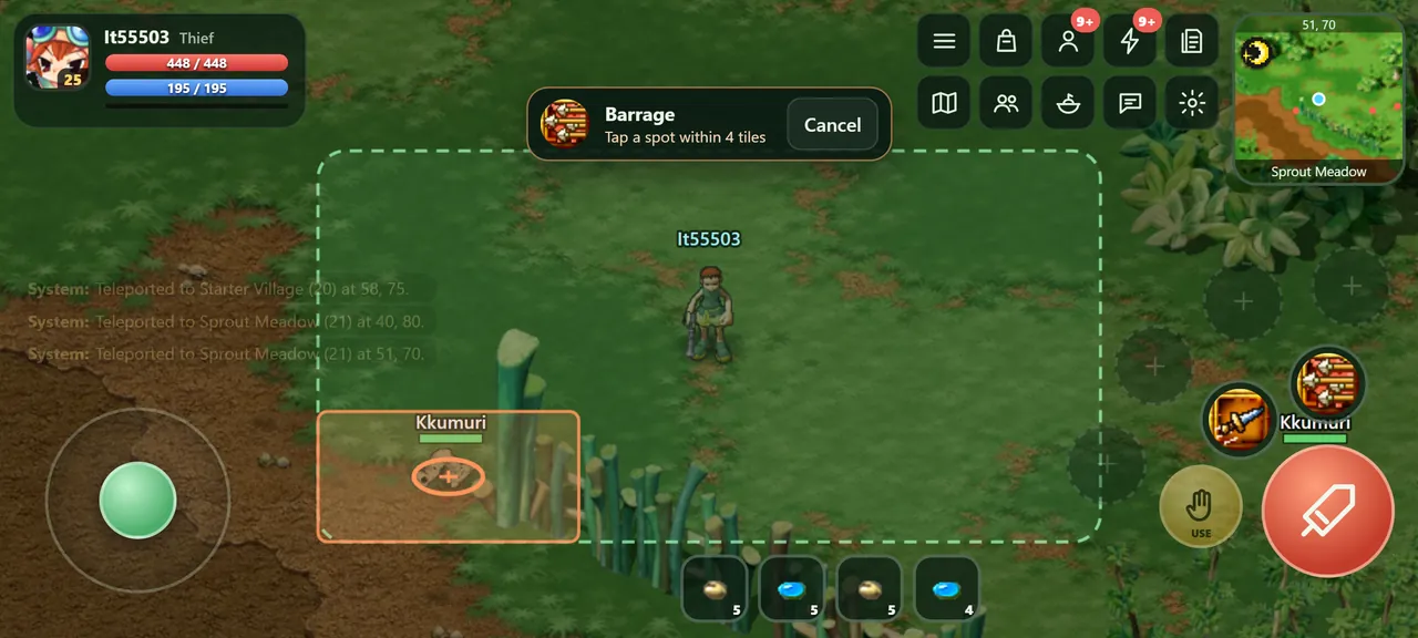 Aiming an area skill in Sprout Meadow